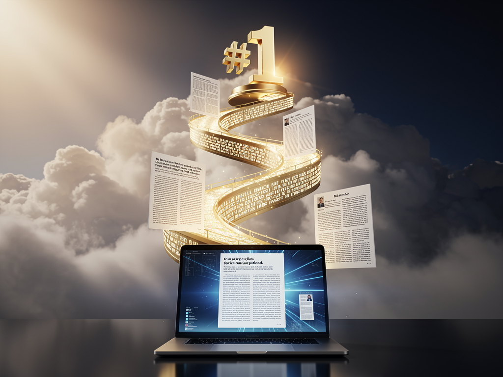 Success visualization showing the journey from initial AI content implementation through optimization and scaling, culminating in top search rankings and business growth, using an upward trajectory with milestone achievements marked along the path, inspirational business achievement style