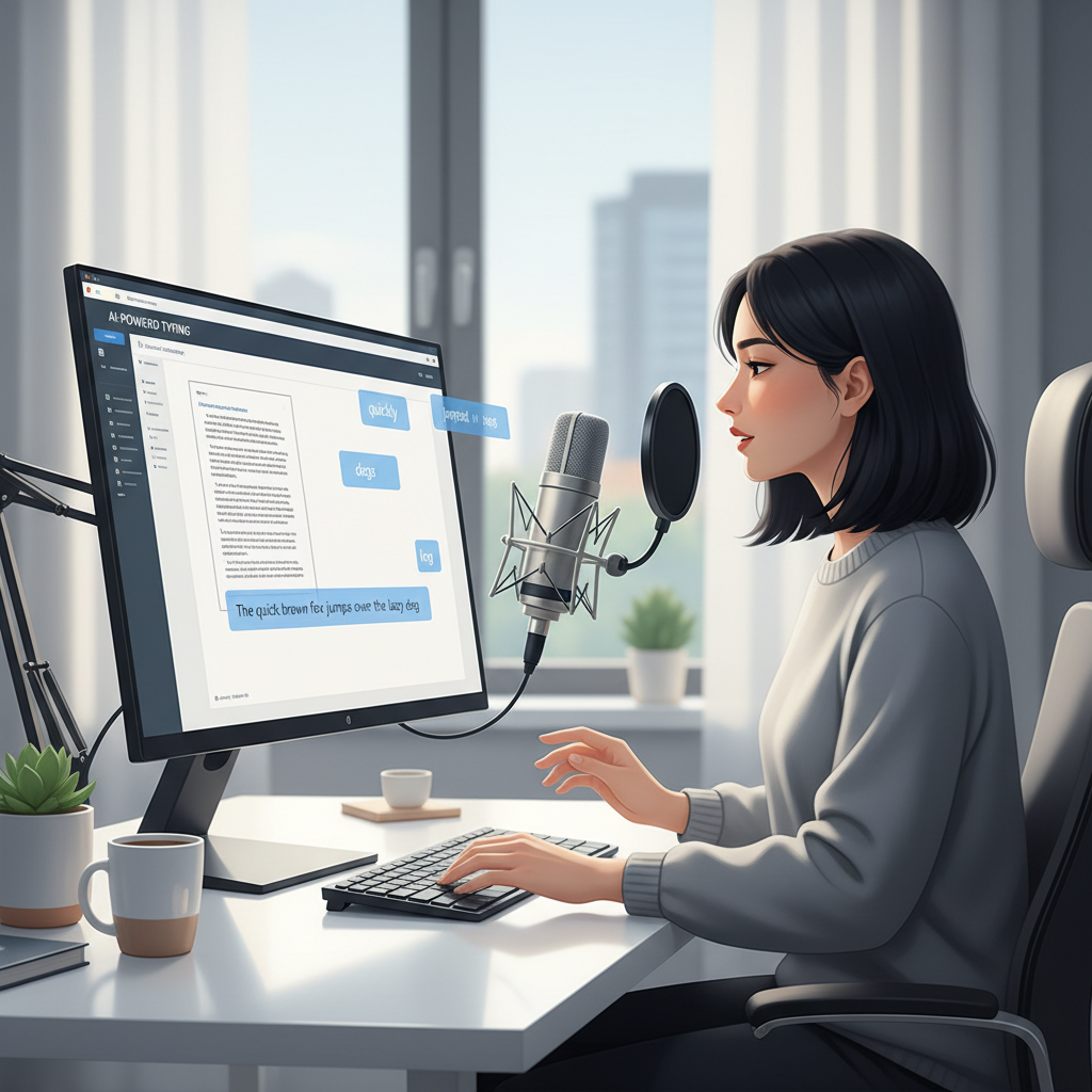 A person speaking into a microphone while text appears live on a document open on their Windows desktop. The background is a home office setup, indicating remote work.