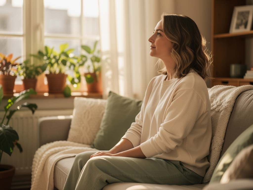 A person sitting peacefully by a window in soft morning light, looking contemplative but calm, surrounded by houseplants and warm neutral tones, representing the possibility of finding peace despite anxiety