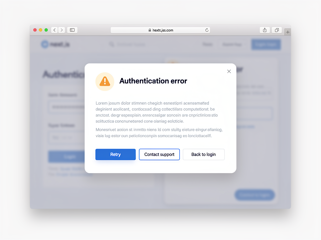 User interface mockup showing an authentication error modal with friendly error message, troubleshooting suggestions, retry button, and support contact link, designed with accessible color contrast and clear typography