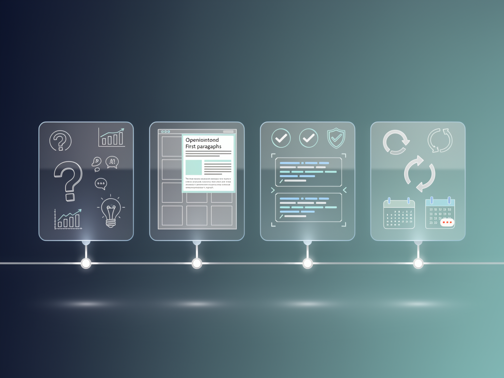 Content workflow diagram showing four stages from planning through maintenance, with AEO checkpoints at each stage including question identification during planning, answer-first structure during creation, schema validation during review, and freshness updates during maintenance