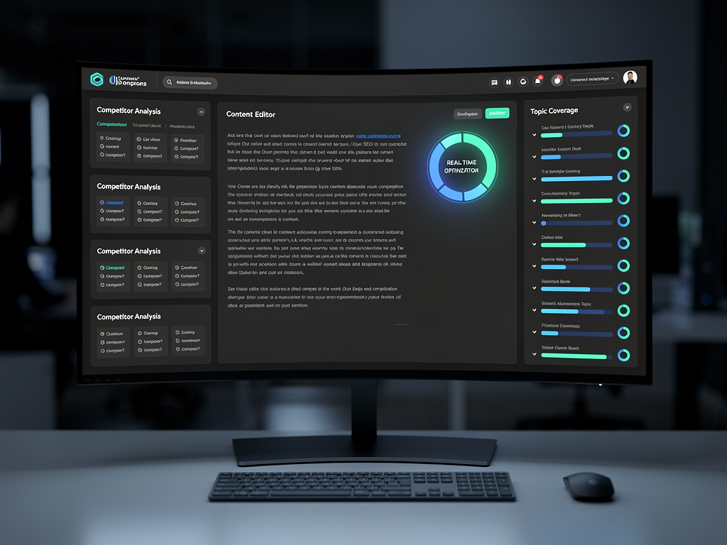 Dashboard interface showing content optimization workflow with SERP analysis panel on left displaying competitor headings and questions, content editor in center with real-time scoring, and topic coverage checklist on right, modern dark theme with blue accent colors, professional software interface design