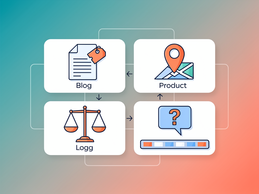 Visual grid showing six different content types with icons and brief descriptions, including blog posts, product descriptions, location pages, comparison articles, FAQ sections, and news updates, modern flat design style with consistent visual language
