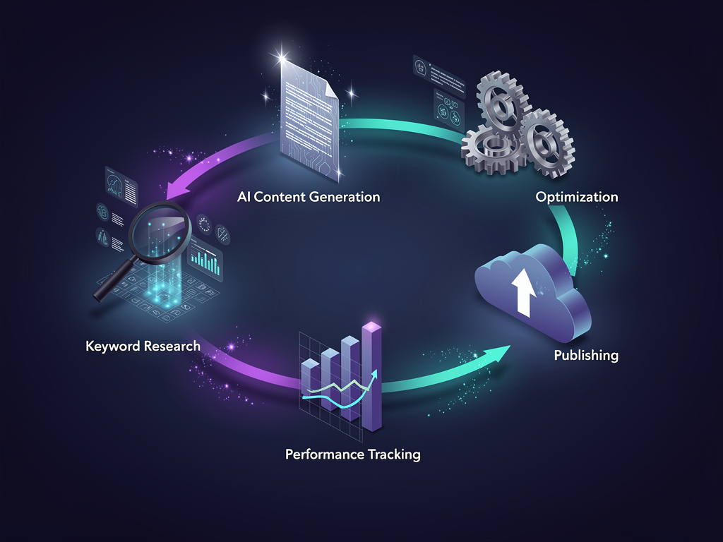 Infographic showing the AI SEO content workflow from keyword research through content generation, optimization, publishing, and performance tracking, with interconnected nodes representing each stage of the automated process