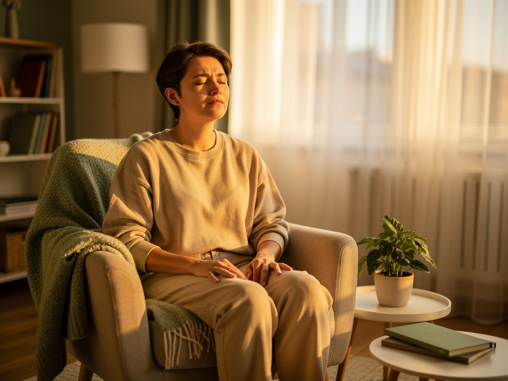A person sitting comfortably in a sunlit living room, practising gentle breathing exercises with eyes closed, warm natural light streaming through large windows, creating a peaceful atmosphere of self-care and mindfulness