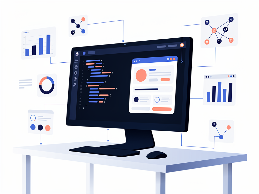 Modern software development workspace showing a developer's screen with Next.js code editor, terminal running development server, and browser preview of a SaaS dashboard, clean minimalist desk setup with natural lighting