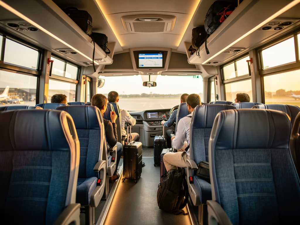 BMTC Vayu Vajra Volvo bus interior showing comfortable seating with passengers, luggage storage area visible, clean modern cabin with air conditioning vents and route display, warm afternoon lighting through tinted windows