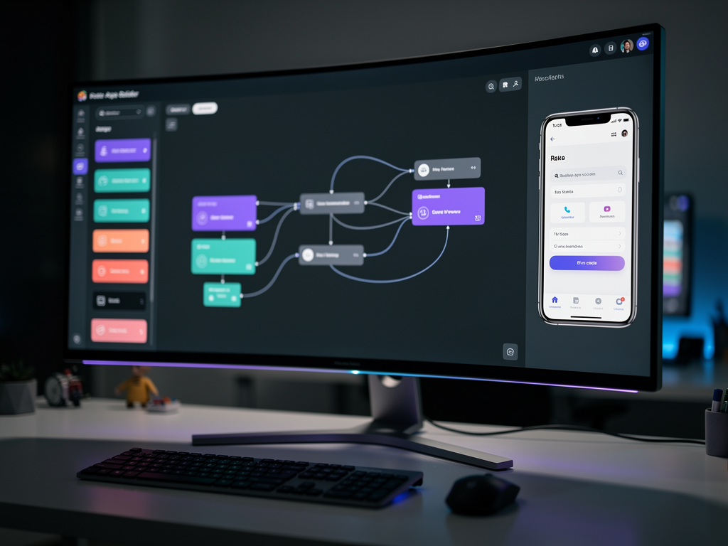 Modern dashboard interface showing a no-code app builder platform with drag-and-drop components, a visual workflow editor, and real-time preview panel. The interface features a dark theme with colorful component blocks arranged in a sidebar, demonstrating the visual programming paradigm that makes app building accessible to non-developers.
