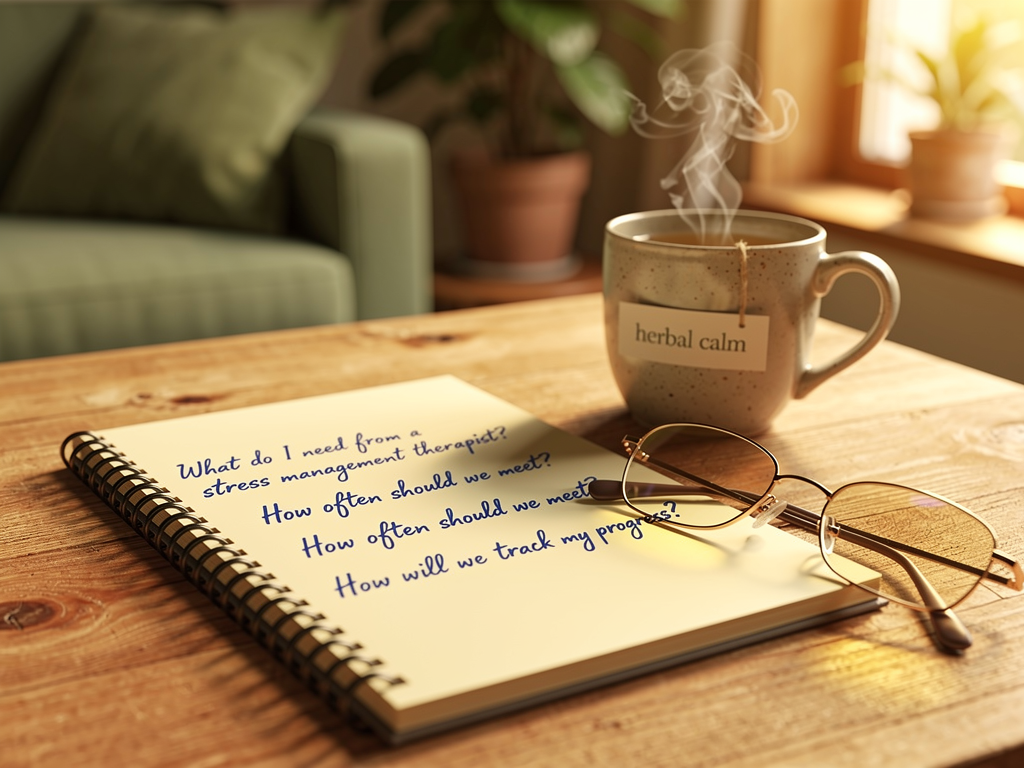 A notepad with handwritten questions about therapy next to a cup of tea, reading glasses resting on the paper, warm domestic setting suggesting someone preparing for an important conversation about their mental health care, soft focus background with houseplants