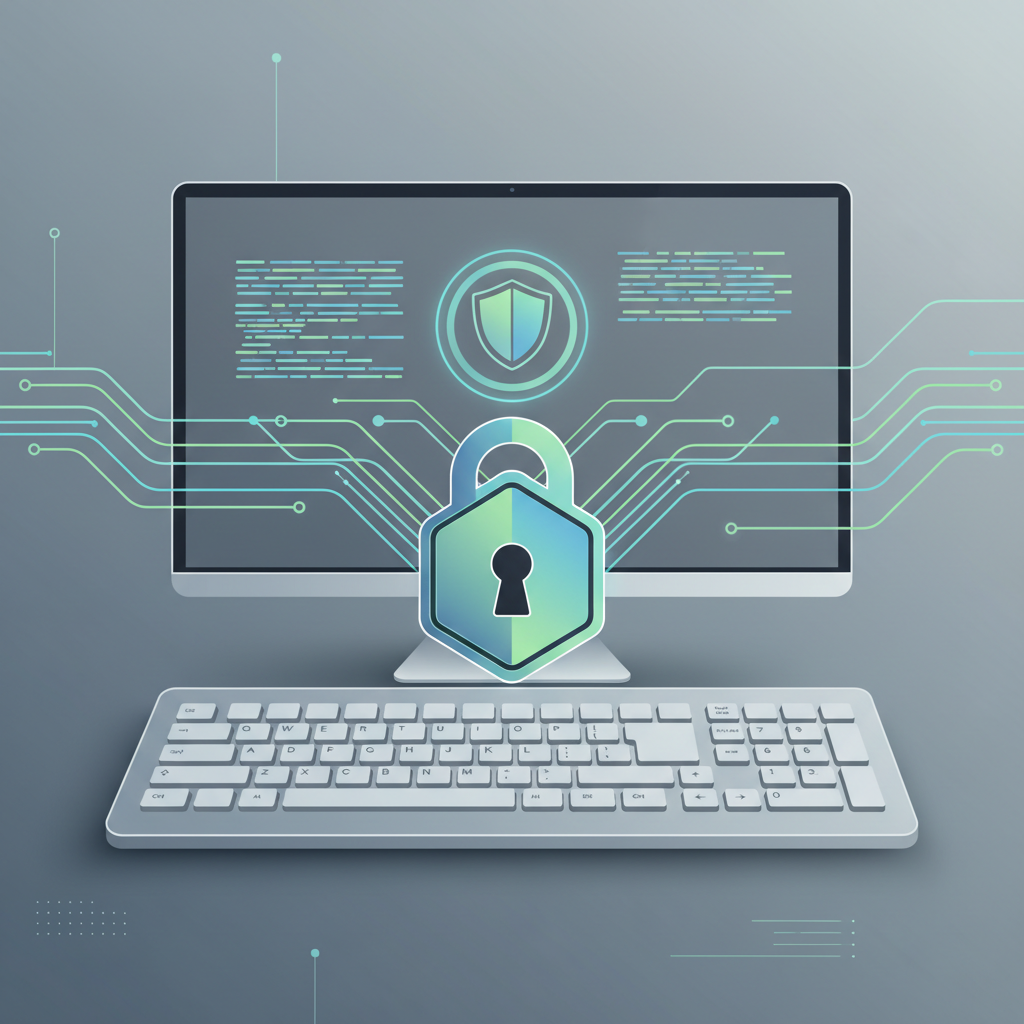 A stylized padlock icon overlaid on a keyboard, with lines of text flowing securely into a computer screen, representing the importance of local processing and privacy in modern writing assistants.