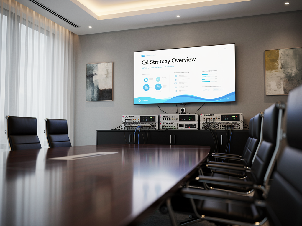 Modern corporate boardroom featuring a large wall-mounted display connected to AVoIP equipment, with sleek conference table and executive chairs visible under soft recessed lighting, conveying a professional atmosphere designed for high-stakes meetings