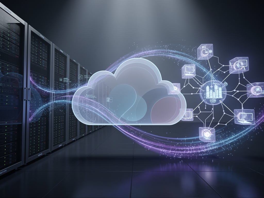 Futuristic technology concept showing evolution of SaaS architecture from traditional servers through cloud to edge computing and AI integration, timeline visualization with key milestones and emerging technology indicators