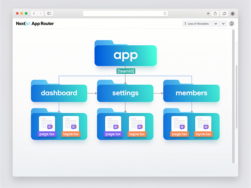 Code editor screenshot showing Next.js App Router folder structure for a multi-tenant SaaS application, with folders for app, [teamId], dashboard, settings, and members, each containing page.tsx and layout.tsx files, demonstrating the hierarchical organization with syntax highlighting and file icons