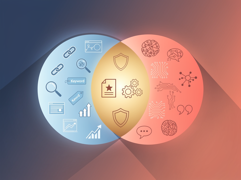 Venn diagram showing the overlap between traditional SEO elements like keyword optimization and backlinks on one side and GEO elements like citation optimization and entity recognition on the other, with shared elements like content quality and technical accessibility in the overlapping center section