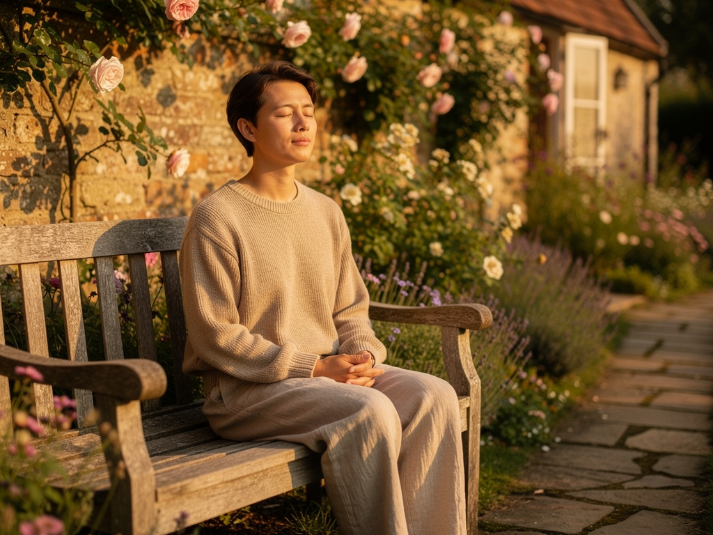 A person sitting peacefully in a sunlit garden in the UK, eyes closed in gentle meditation, surrounded by greenery and flowers, embodying a moment of self-compassion practice and mindful self-acceptance during their recovery journey