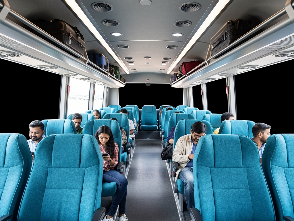 Interior view of a Vayu Vajra Volvo bus showing comfortable blue upholstered seats, spacious legroom, overhead luggage racks, air conditioning vents, and clean modern design, passengers seated with carry-on bags, natural light streaming through tinted windows