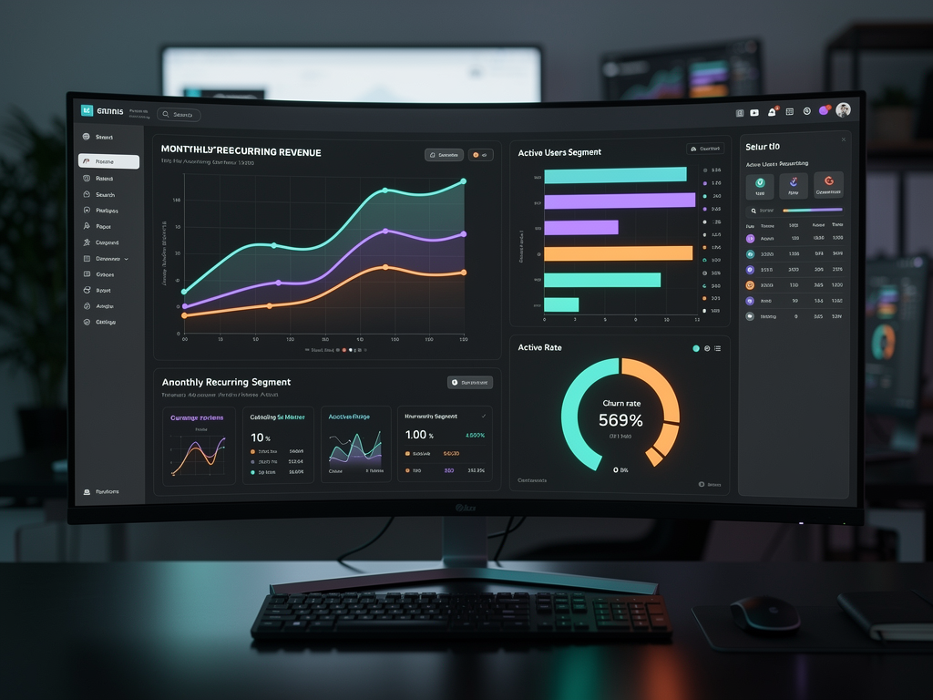 SaaS admin dashboard interface showing real-time analytics with charts for monthly recurring revenue, active users, and churn rate, dark theme with colorful data visualizations, modern web application design