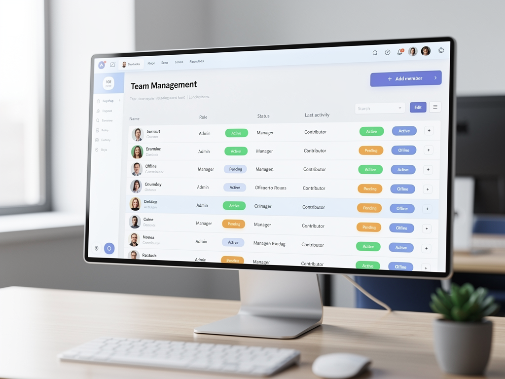 User interface showing a team management dashboard with a list of team members, their roles, last activity timestamps, and action buttons for editing permissions or removing users, displayed in a clean administrative interface style