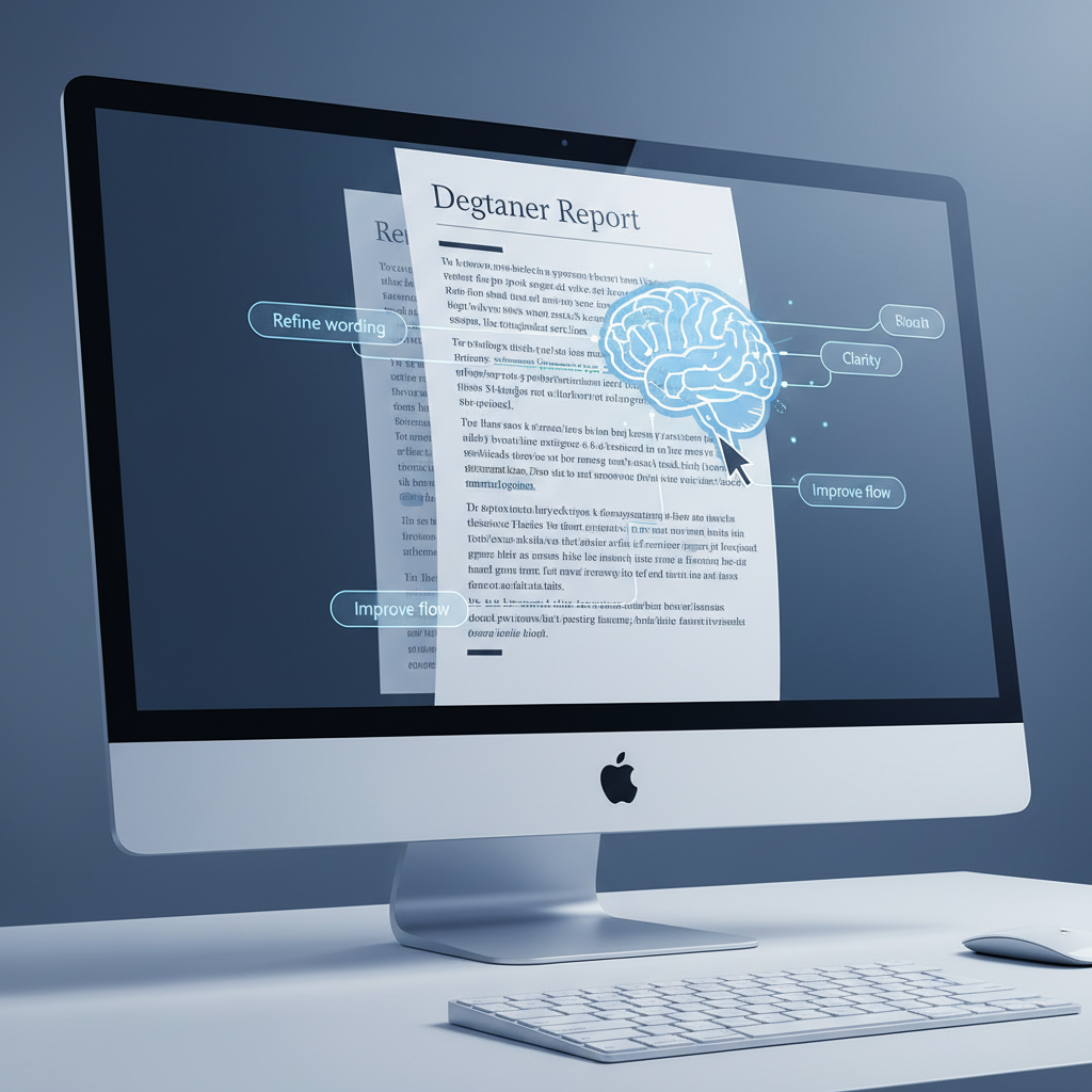 A conceptual image of artificial intelligence assisting with writing, showing a glowing brain icon connected to text on a screen, symbolizing AI's role in generating and refining content.