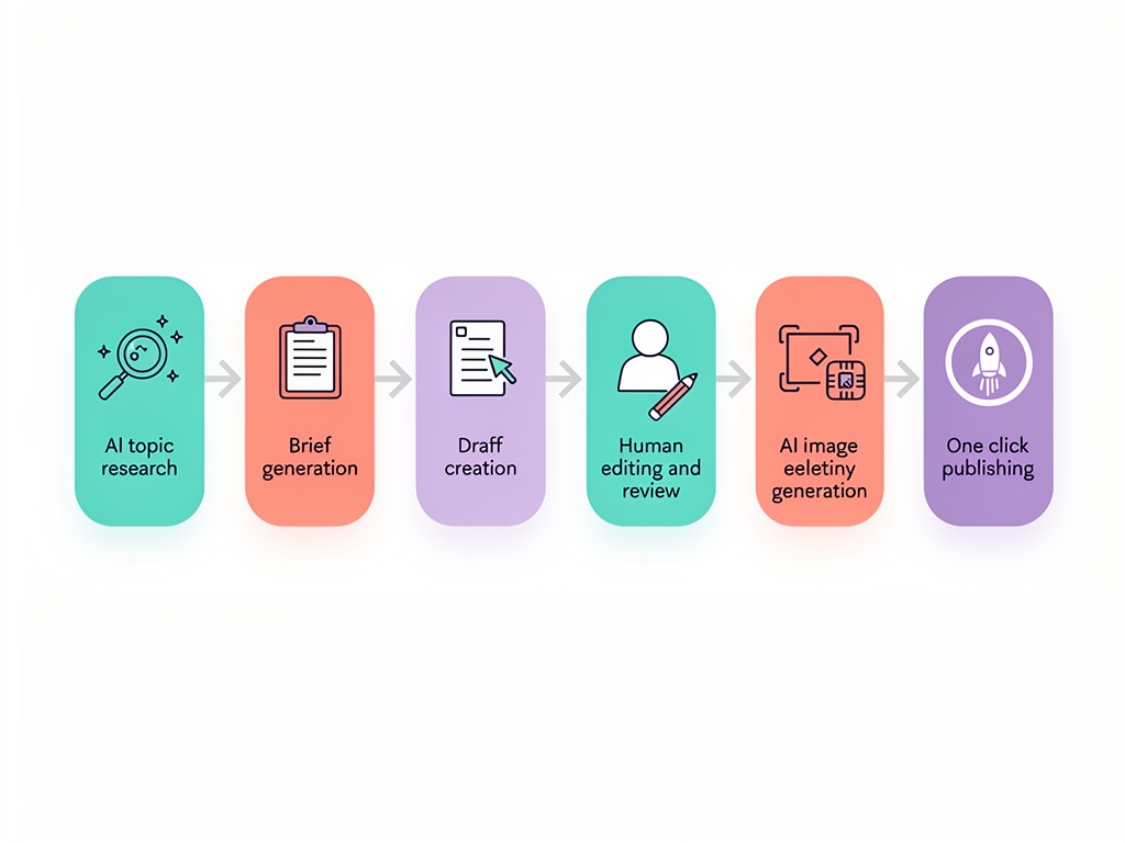 A flowchart diagram showing an automated content production pipeline with stages for AI topic research, brief generation, draft creation, human editing, image generation, schema application, and one-click publishing. Each stage shows icons representing the tools involved and arrows indicating workflow direction. The design uses a clean, modern aesthetic with a white background and colored accent boxes for each pipeline stage.