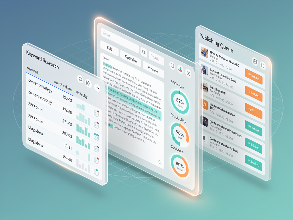 Unified content platform dashboard showing keyword research panel, content editor with SEO scoring, and publishing queue in single interface, streamlined workflow visualization