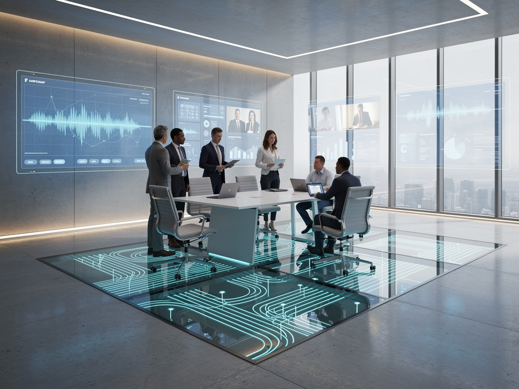 A futuristic conference room featuring transparent displays and advanced collaboration technology, with visible network infrastructure supporting next-generation AV capabilities, bathed in natural light from floor-to-ceiling windows