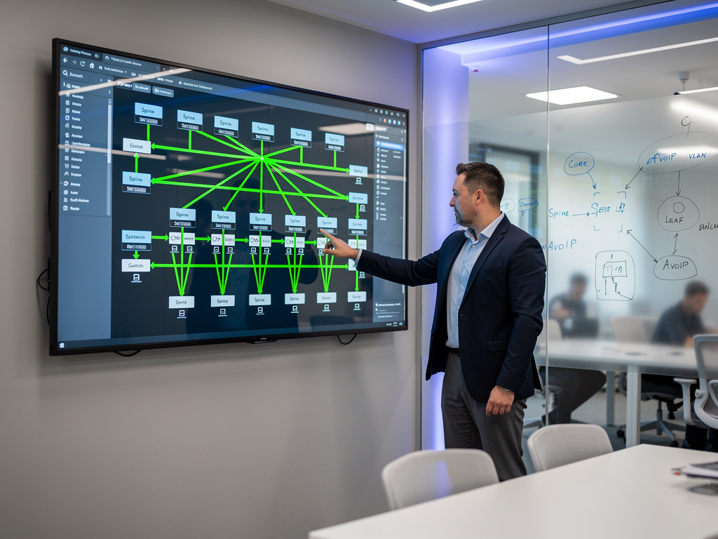 A detailed network diagram displayed on a large monitor showing spine-and-leaf topology with redundant paths highlighted in green, an AV consultant pointing to specific connection points, clean office environment with whiteboard containing additional notes