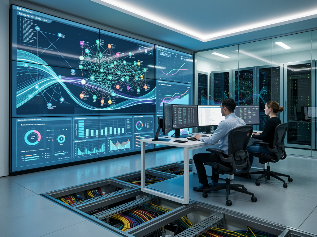 A modern corporate network operations center with multiple large displays showing network topology maps and bandwidth utilization graphs, technicians monitoring systems at workstations, cool blue ambient lighting reflecting off glass surfaces, professional atmosphere with organized cable management visible