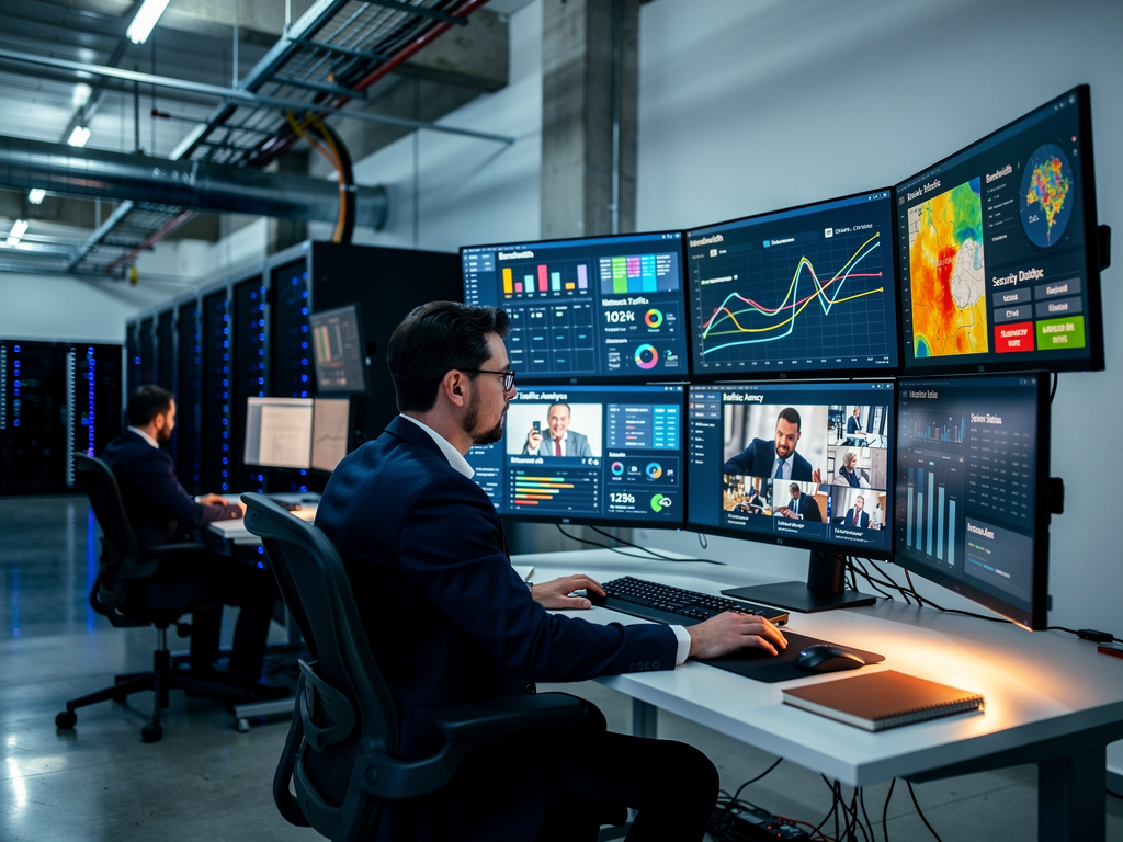 A modern corporate network operations center with multiple monitors displaying network traffic analytics and security dashboards, professional lighting illuminating rows of server racks, technicians monitoring systems in a clean, organized environment