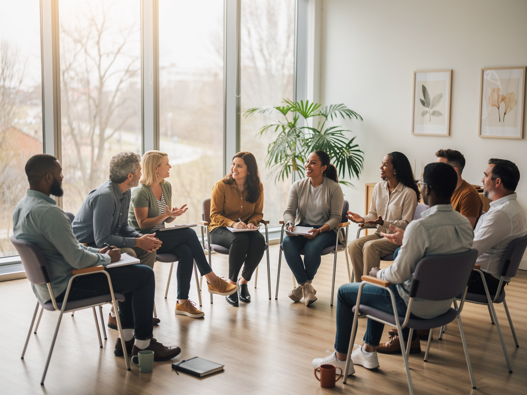 A diverse group of adults sitting in a circle in a bright community room with large windows, engaged in supportive group discussion, natural daylight creating a warm and inclusive atmosphere
