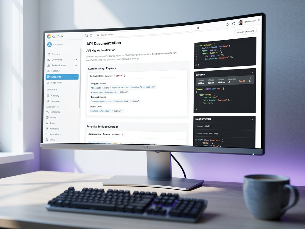 API documentation page showing endpoint specifications for a multi-tenant platform, with authentication examples, request and response samples, and rate limiting information displayed in a developer-friendly documentation interface
