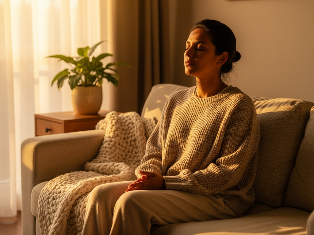 A person practising deep breathing while seated comfortably on a sofa, eyes closed, hands resting on their lap, soft afternoon light creating a calm atmosphere in a cosy living room setting