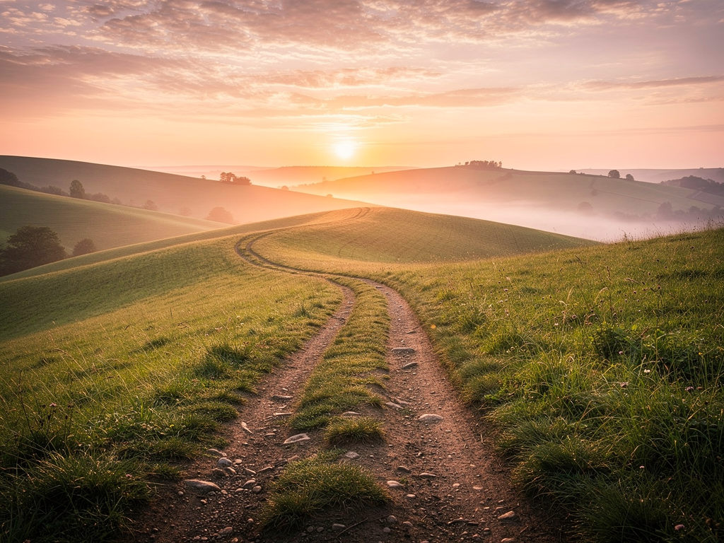 A sunrise over a calm landscape with rolling hills and a winding path leading toward the horizon, symbolising hope, new beginnings, and the journey toward better mental health