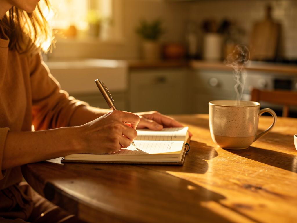 A person writing in a journal at a cosy kitchen table, morning sunlight illuminating the page, a cup of tea nearby, representing the practice of self-reflection and thought recording as part of CBT homework