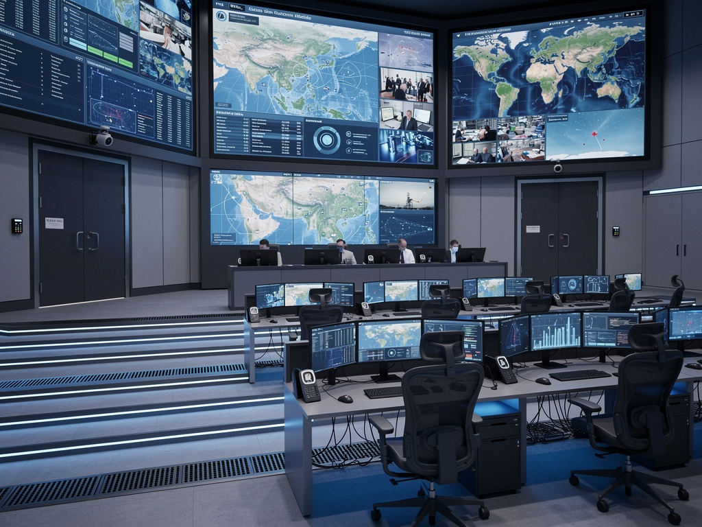 A modern government command center with multiple large display screens showing data visualizations and video feeds, secure workstations arranged in tiered rows, controlled lighting with blue accent illumination, and visible security measures including card readers at entry points