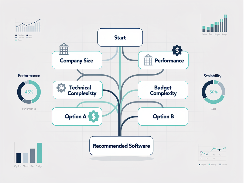 Infographic showing the decision tree for selecting a SaaS starter kit, with branching paths for product stage, team size, and technical requirements, displayed in clean iconographic style with data visualization elements showing cost comparisons and time savings metrics