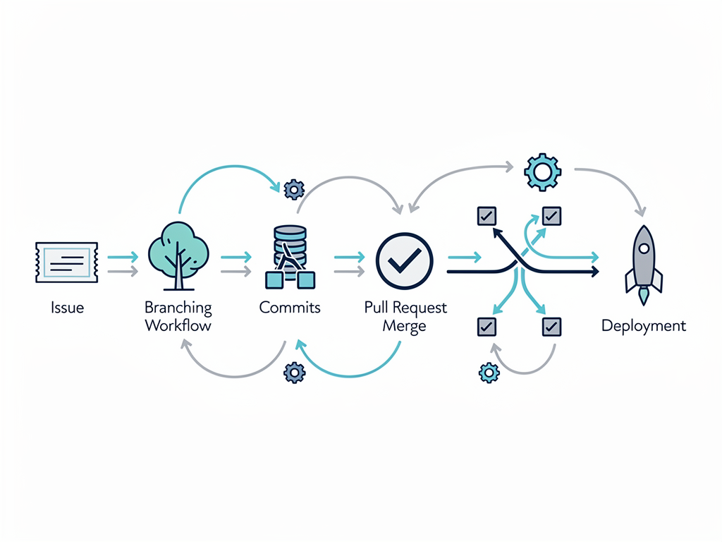 A horizontal workflow diagram showing the complete development cycle from issue creation through deployment, with icons representing each step (issue, branch, commits, pull request, review, merge, deploy) connected by arrows, including feedback loops and automation indicators, in a clean infographic style with numbered steps