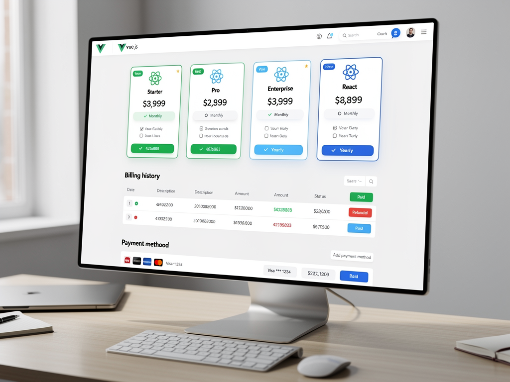 Dashboard mockup showing SaaS subscription management interface with plan selection cards, billing history table, and payment method management section, rendered in a clean modern UI design with pricing tiers displayed prominently