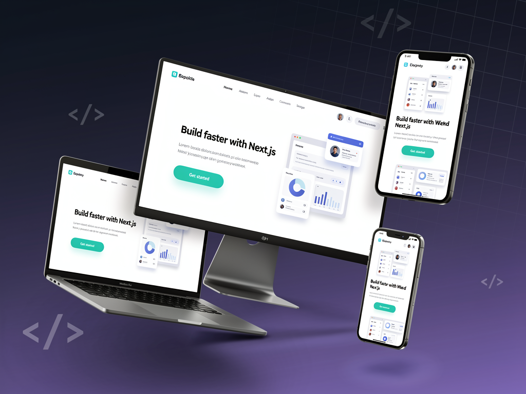 Modern SaaS landing page displayed on multiple devices including desktop monitor, laptop, tablet, and smartphone, showing responsive design with hero section featuring bold headline, product screenshot, and prominent call-to-action button against clean gradient background