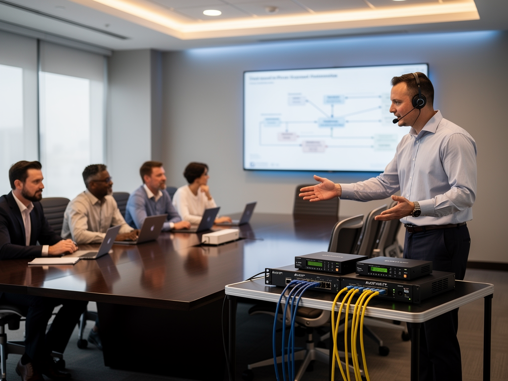 A collaborative training session in a corporate conference room where an AV consultant demonstrates AVoIP troubleshooting techniques to a mixed group of IT and facilities staff using a portable test setup with encoders and decoders connected to a demonstration network