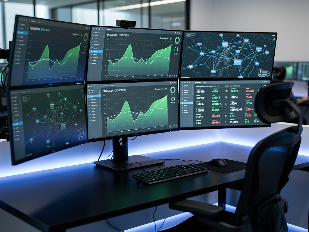 Network performance monitoring graphs displayed on multiple screens showing bandwidth utilization, latency metrics, and system health indicators in a professional IT monitoring station with blue ambient lighting