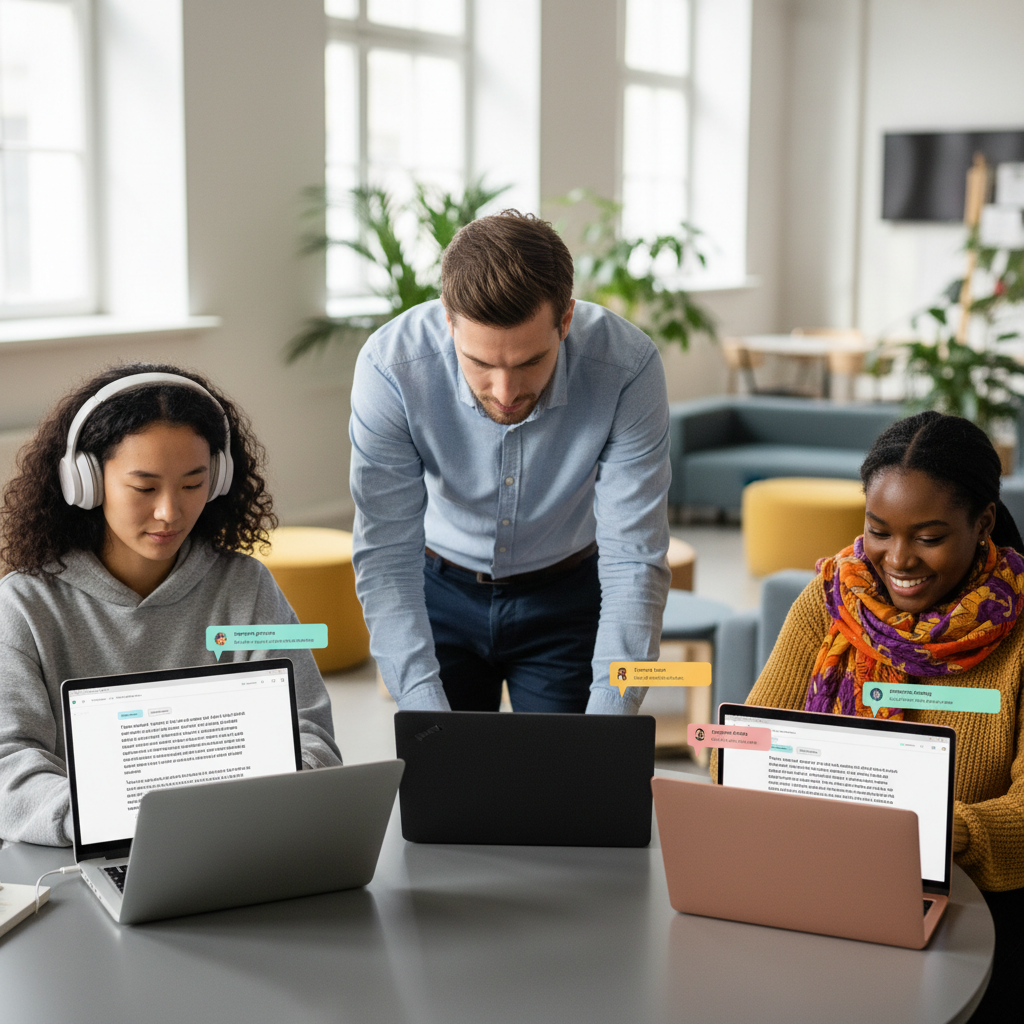 A diverse group of people, including a student, a business professional, and a content creator, all using a laptop with a writing assistant overlay, demonstrating how various users benefit from the tool