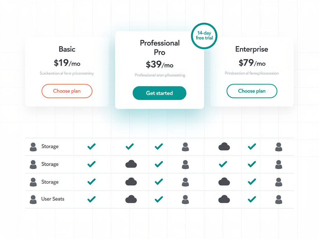 Pricing page design showing three subscription tiers with a prominent 14-day free trial badge on the professional plan, featuring comparison table of features and clear call-to-action buttons