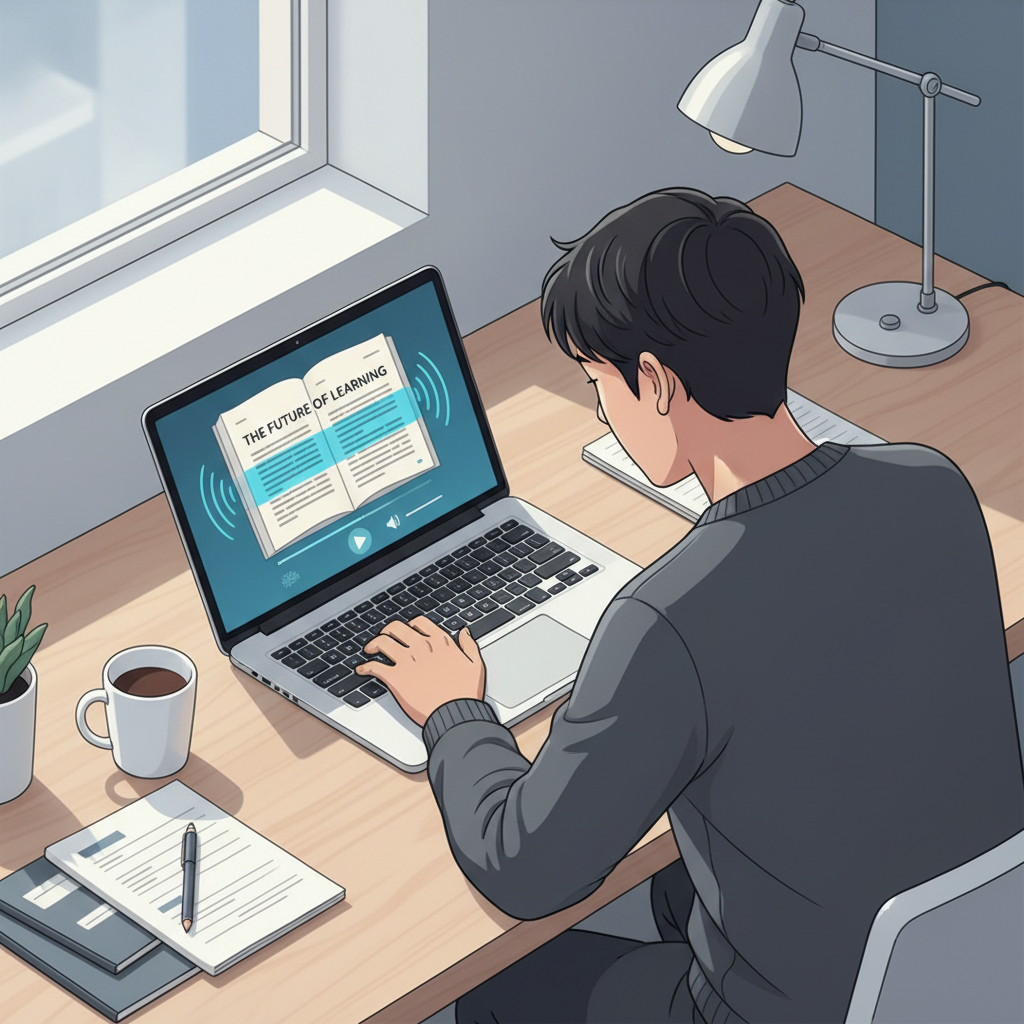 A person using a text-to-speech application to listen to a digital book on their laptop, with the book's text highlighted as it's read aloud.
