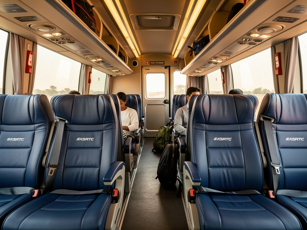 Interior view of a KSRTC Flybus Volvo coach showing comfortable reclining seats with blue fabric upholstery, individual reading lights above each seat, passengers settling in for their journey, clean and well-maintained cabin environment
