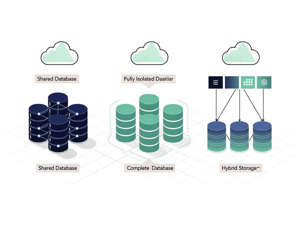 Architectural diagram showing three distinct tenant isolation models for SaaS platforms, with the pooled model displaying shared database tables, the siloed model showing separate database instances per tenant, and the bridge model illustrating a hybrid approach with shared compute but isolated data stores, rendered in a clean technical illustration style with blue and green color coding