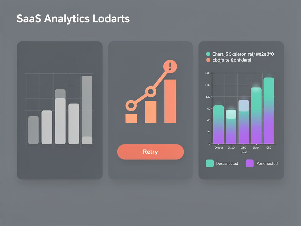 Three-panel illustration showing Chart.js component states: a skeleton loader with pulsing placeholder matching chart dimensions on the left, an error state with friendly illustration and retry button in the center, and the successfully loaded interactive chart on the right, demonstrating proper state handling in SaaS dashboards