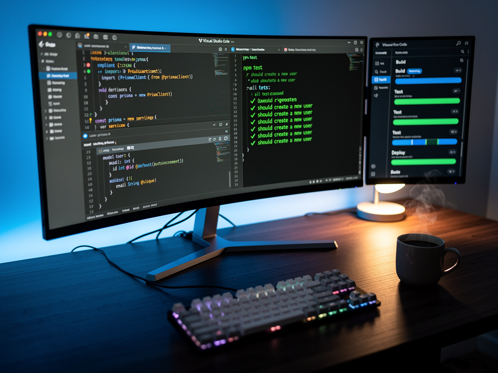 VS Code editor showing TypeScript code with Prisma schema definitions, terminal output displaying successful test runs, and GitHub Actions workflow status indicators in a split-pane developer workspace setup