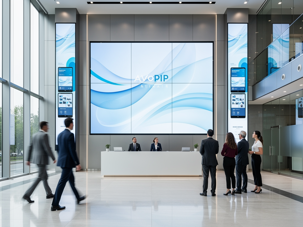 A completed enterprise AVoIP installation in a modern corporate lobby featuring video walls and digital signage. Visitors observe dynamic content while employees pass through the professional space. The polished environment demonstrates the seamless integration of technology into corporate architecture.