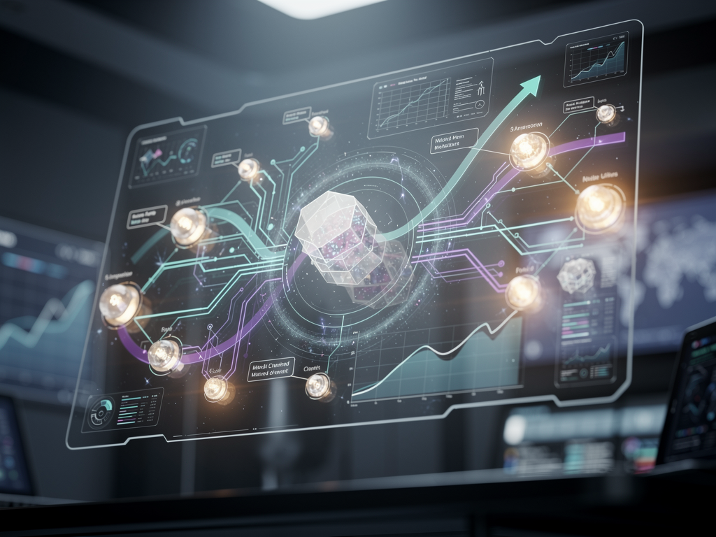 Futuristic visualization of AI-powered competitive analysis showing predictive trend forecasting, real-time market monitoring, and automated strategy recommendations, displayed as a holographic interface with dynamic data visualizations